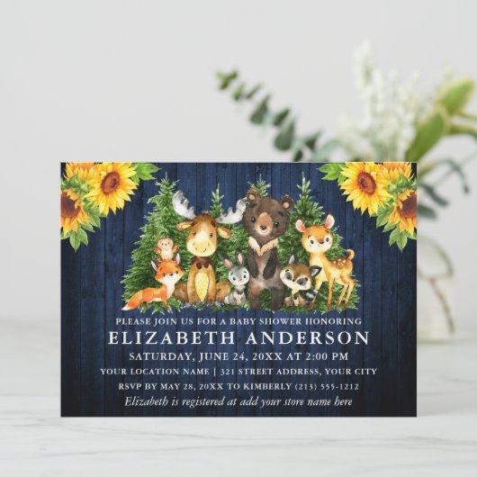 青い木素朴のヒマワリ森林動物のシャワー 招待状 (スタンド正面)