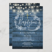 青い木素朴の弦が葉のバプテスマ 招待状 (正面/裏面)