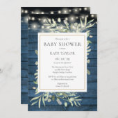 青い木素朴の弦ライト葉ベビーシャワー 招待状 (正面/裏面)