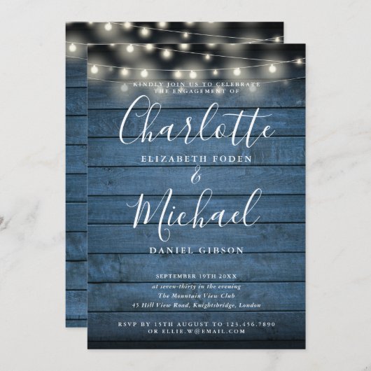 青い木素朴の文字列ライトスクリプト婚約 招待状 (正面/裏面)
