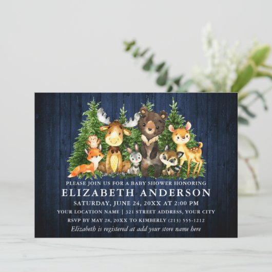 青い木素朴の森の動物のシャワー 招待状 (スタンド正面)