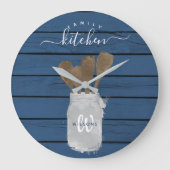 青い木素朴の瓶スプーンファミリーキッチンデコール ラージ壁時計 (正面)