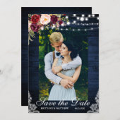 青い木素朴材のフローラライトレース日付を保存 セーブザデート (正面/裏面)