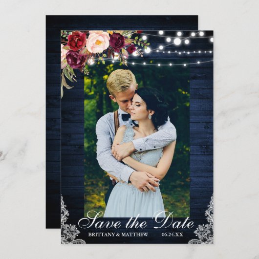 青い木素朴材のフローラライトレース日付を保存 セーブザデート (正面/裏面)