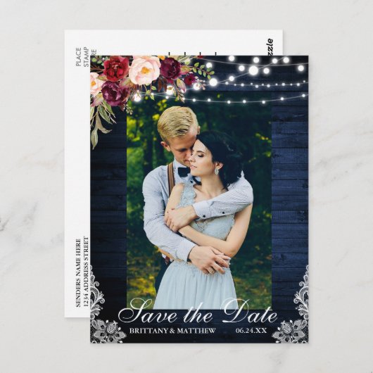 青い木素朴材のフローラライトレース日付を保存 ポストカード (正面/裏面)