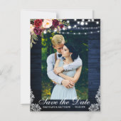 青い木素朴材のフローラライトレース日付を保存 マグネット招待状 (正面)