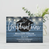 青い木製のストリングライトの卒業パーティー 招待状 (スタンド正面)
