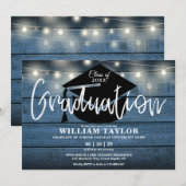 青い木製のストリングライトの卒業パーティー 招待状 (正面/裏面)