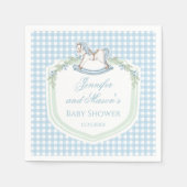 青い木製の馬のギンガムクレスト男の赤ちゃんシャワー スタンダードカクテルナプキン (正面)