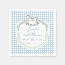 青い木製の馬のギンガムクレスト男の赤ちゃんシャワー