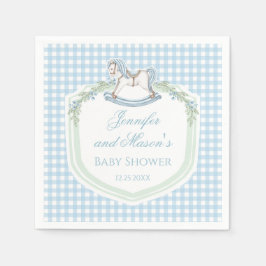 青い木製の馬のギンガムクレスト男の赤ちゃんシャワー スタンダードカクテルナプキン
