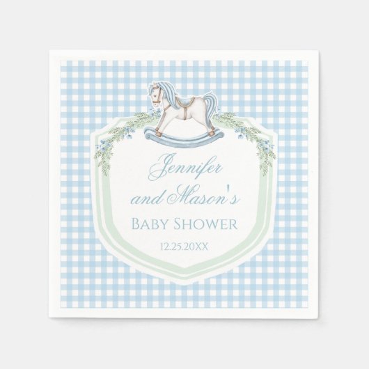 青い木製の馬のギンガムクレスト男の赤ちゃんシャワー スタンダードカクテルナプキン (正面)