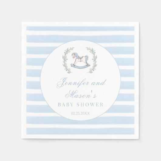 青い木製ロッキングホースboho男の赤ちゃんシャワー スタンダードカクテルナプキン (正面)