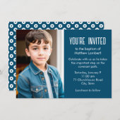 青い末日聖なる子どもの写真バプテスマ 招待状 (正面/裏面)