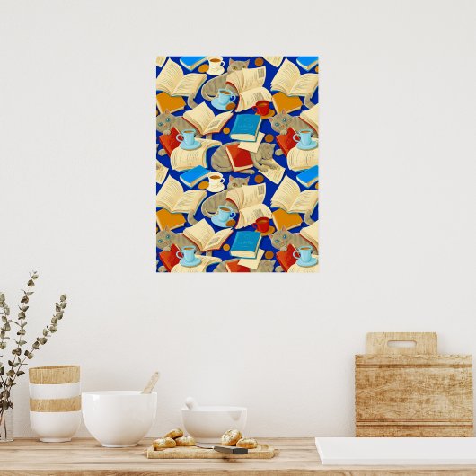 青い本と猫 ポスター (キッチン)