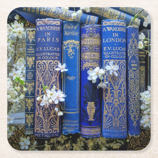 青い本と花 スクエアペーパーコースター (正面)