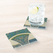 青い東洋のデザインと笑顔の顔 ガラスコースター (アングル)