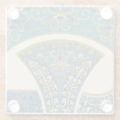 青い東洋のデザインと笑顔の顔 ガラスコースター (裏面)