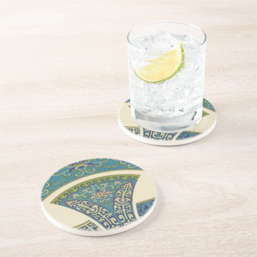 青い東洋のデザインと笑顔の顔 コースター (側面)