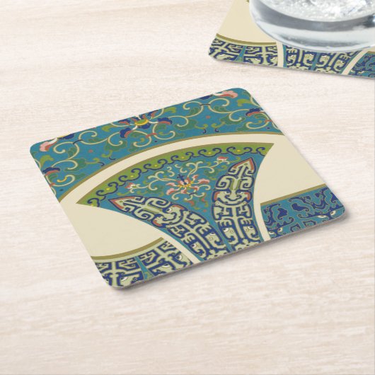 青い東洋のデザインと笑顔の顔 スクエアペーパーコースター (アングル)