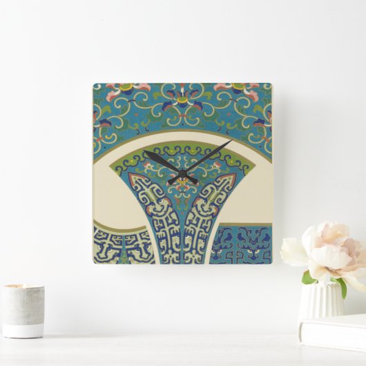青い東洋のデザインと笑顔の顔 スクエア壁時計 (ホーム)