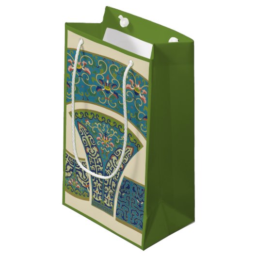 青い東洋のデザインと笑顔の顔 スモールペーパーバッグ (正面アングル)