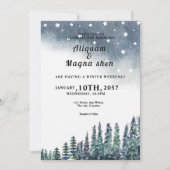 青い松の木が青い冬の結婚式のカード 招待状 (正面)