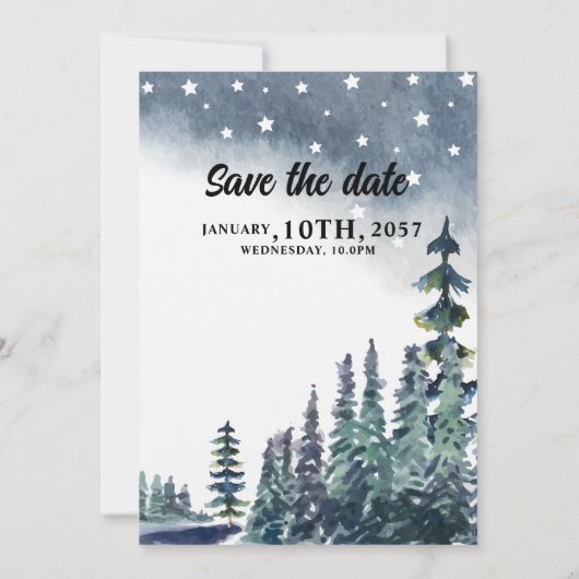 青い松の木が青い冬の結婚式のカード 招待状 (裏面)