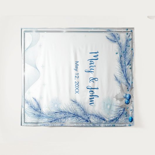 青い松の木の冬のクリスマスウェディングフォトバックドロップ タペストリー (正面(横))