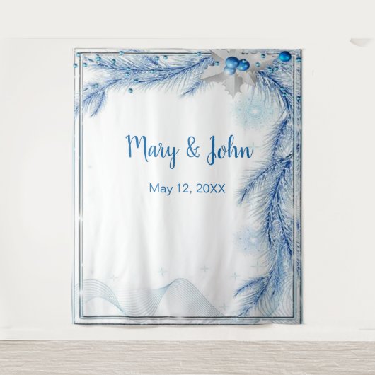 青い松の木の冬のクリスマスウェディングフォトバックドロップ タペストリー (正面)