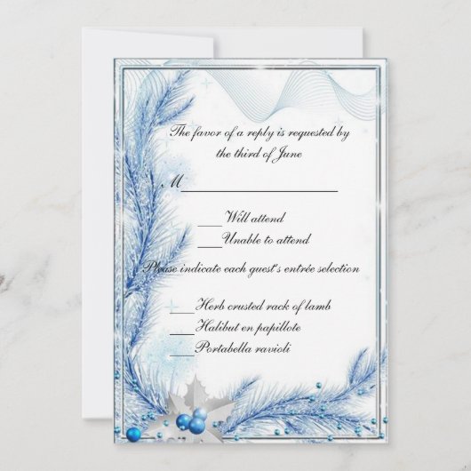 青い松の木の冬のクリスマスウェディング返信カード 招待状 (正面)