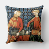 青い枕の上に中世のハーディガーディの選手 クッション (裏面)