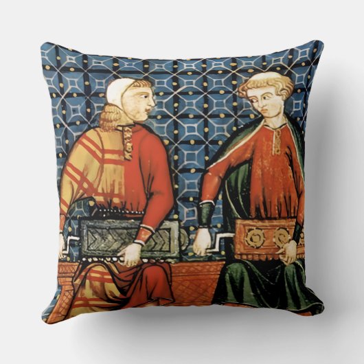 青い枕の上に中世のハーディガーディの選手 クッション (裏面)