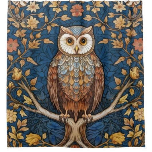 青い枝の上にフクロウの秋の背景アールヌーボー シャワーカーテン (正面)