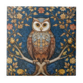 青い枝の上にフクロウの秋の背景アールヌーボー タイル (正面)