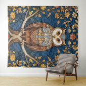 青い枝の上にフクロウの秋の背景アールヌーボー タペストリー (インサイチュ(横))