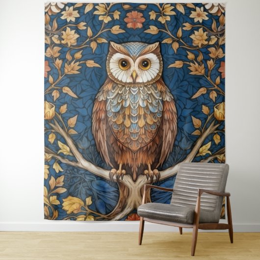 青い枝の上にフクロウの秋の背景アールヌーボー タペストリー (インサイチュ)