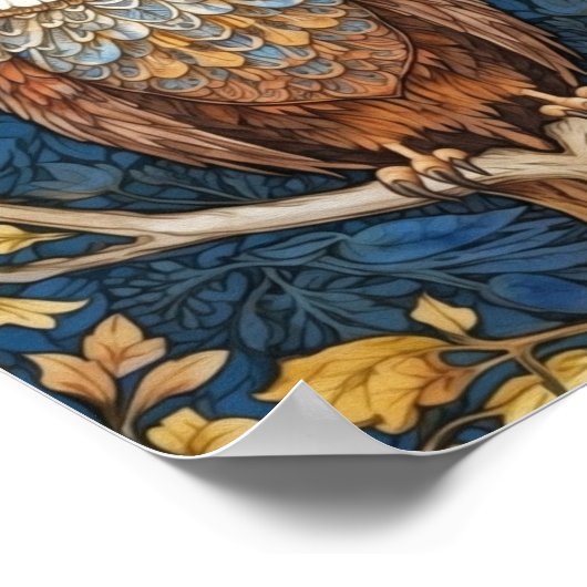 青い枝の上にフクロウの秋の背景アールヌーボー ポスター (角)