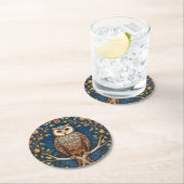 青い枝の上にフクロウの秋の背景アールヌーボー ラウンドペーパーコースター (インサイチュ)