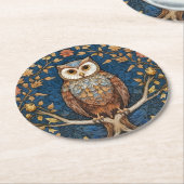 青い枝の上にフクロウの秋の背景アールヌーボー ラウンドペーパーコースター (アングル)