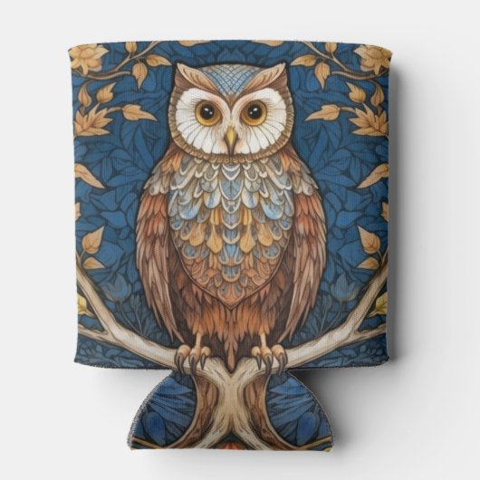 青い枝の上にフクロウの秋の背景アールヌーボー 缶クーラー (裏面)