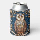 青い枝の上にフクロウの秋の背景アールヌーボー 缶クーラー (缶裏面)
