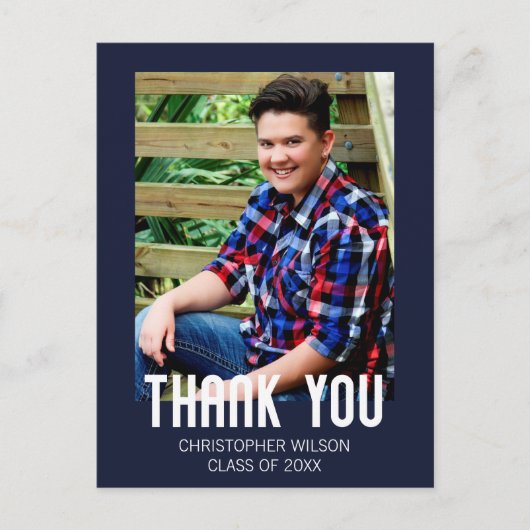 青い枠の写真 卒業お礼 ポストカード (正面)