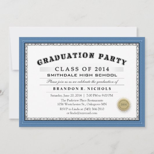 青い枠の卒業証書スタイルの卒業パーティー招待状 招待状 (正面)