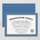 青い枠の卒業証書スタイルの卒業パーティー招待状 招待状 (正面/裏面)