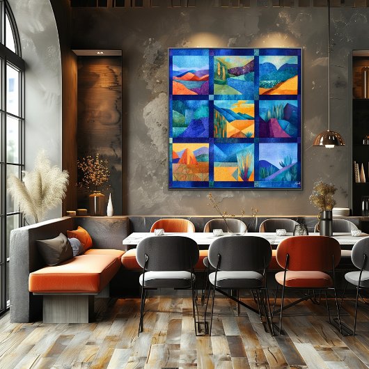 青い枠の砂漠アートグリッド – ジオメトカラフルリ ポスター