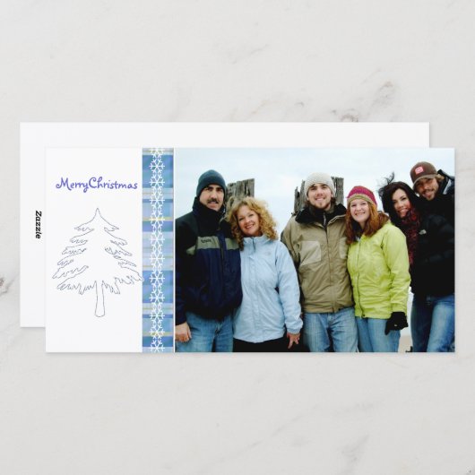 青い格子松の木と雪片メリークリスマス シーズンカード (正面/裏面)