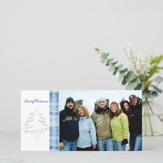 青い格子松の木と雪片メリークリスマス シーズンカード (スタンド正面)