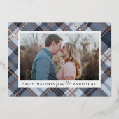 青い格子模様のクリスマスフォイル実在フォト(Christmas foil Photo) 箔シーズンカード (正面)