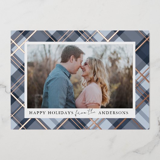 青い格子模様のクリスマスフォイル実在フォト(Christmas foil Photo) 箔シーズンカード (正面)